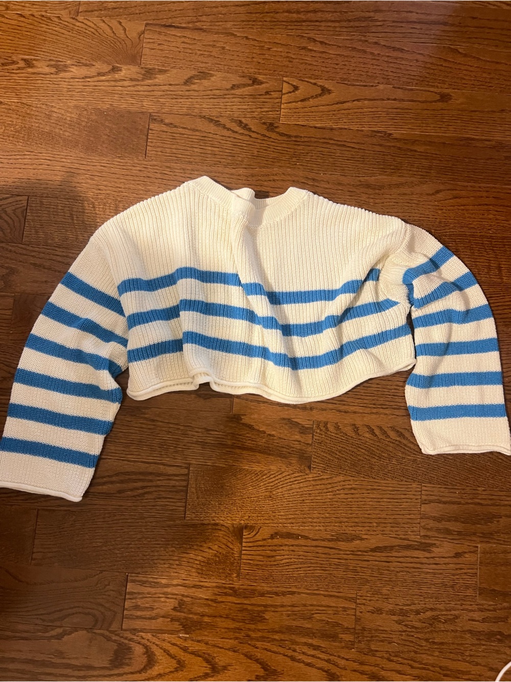 ZARA Striped Off-Shoulder Knit Top in White and Blue